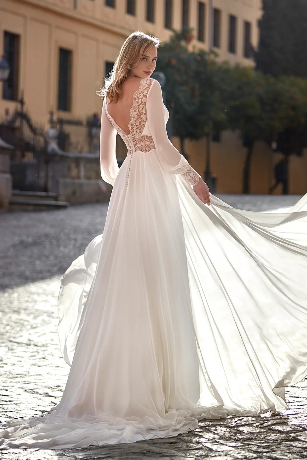 Dress For Wedding Wide V Neckline Cinched Waist Adorned Chiffon Long-sleeved A-line V-shaped Open Back Wedding Dresses Formal Women's Dresses